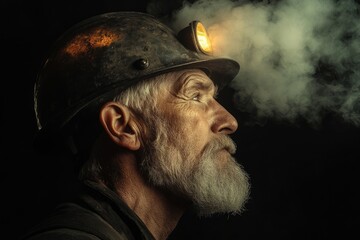 Miner Helmet Profile. Elderly Gold Miner with Beard and Lamp in Dark Mining Scene