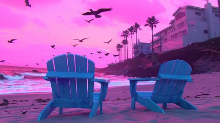 Sticker -   A pair of blue chairs rest on a sandy shore beside a vibrant sky of pink and purple, while seagulls soar above the tranquil ocean