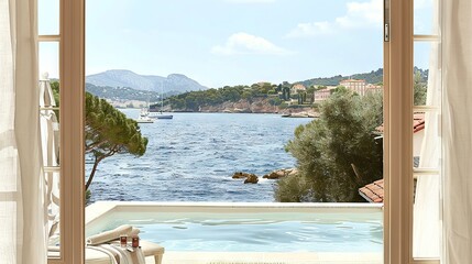 Poster -   An open window reveals an outdoor jacuzzi that offers a stunning view of a distant mountain range and a tranquil body of water