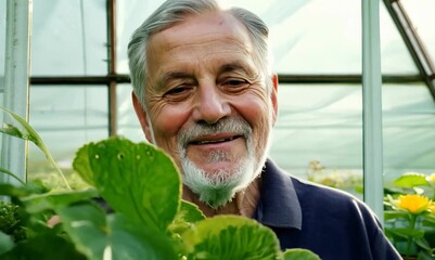 Wall Mural - Portrait of a smiling senior man in a greenhouse looking at the camera