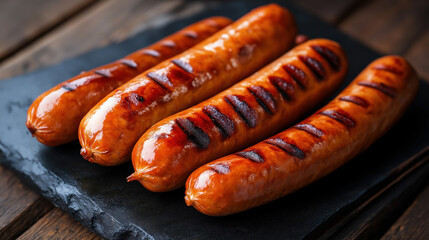 Sticker - Traditional German food bratwurst. The image shows freshly grilled sausages with prominent grill marks, glistening with a shiny, slightly oily surface.