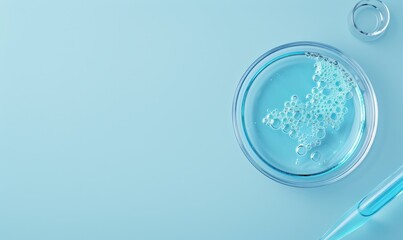 Wall Mural - Glass pipette and petri dish with liquid on light blue background, top view. Space for text