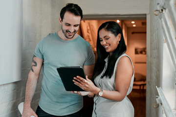 Poster - Woman, man and tablet for architecture in office with reading, smile and review on app for design. People, teamwork and check with inspection, blueprint or excited for progress with property project