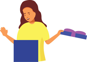 Poster - Young girl is opening a gift box while participating in a video call