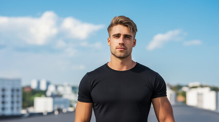 A handsome Caucasian male model wearing an black t shirt modern city background empty space for text 