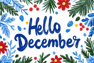 Canvas Print - A vibrant winter themed design featuring the phrase Hello December in a stylish flowing script 