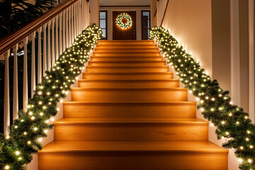 Canvas Print - Breathtaking Christmas staircase display with twinkling lights in a cozy home 