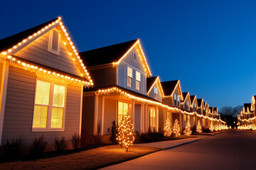 Wall Mural - Rooftop Christmas fairy lights illuminating a tranquil residential street 