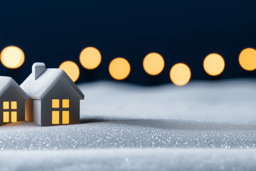 Sticker - Snowy residential scene with holiday lights background with empty space for text 