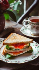 Wall Mural - sandwich with butter and red caviar on a plate, tea in a cup