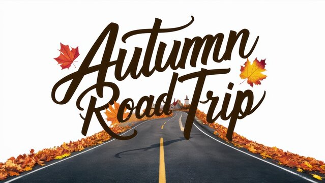 A road with leaves on it and the words autumn trip, AI