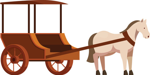 Poster - White horse with a brown mane and tail, pulling an empty wooden carriage with a brown roof