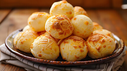 Wall Mural - Closeup of brazilian cheese bread pao de queijo on a plate on table, table, Closeup, bread, plate