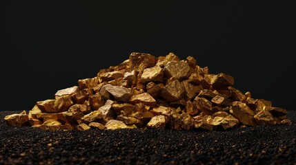 A pile of gold nuggets or gold ore on black background, precious stone or lump of golden stone, financial and business concept.