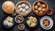 © OMD - Traditional Chinese food dim sum. Steamed dumplings in bamboo baskets, shrimp dumplings, various dim sum in small bowls with dipping sauces, and leafy greens.