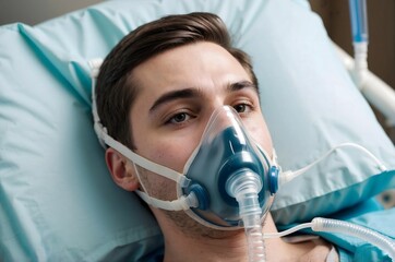 a man in the hospital on a bed with an oxygen mask.artificial respiration.