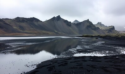 Wall Mural - Mountains, water and black sand in Iceland