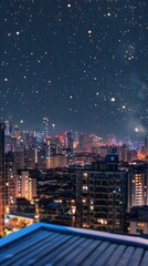 Wall Mural - Rooftop view, city lights, night sky, stars