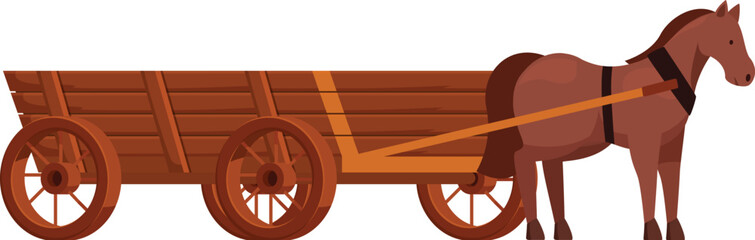 Wall Mural - Brown horse with a harness is standing still near an empty wooden cart