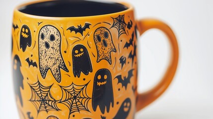 Wall Mural - Vibrant orange halloween mug with ghosts, bats, and spider webs on a white background. Perfect for festive celebrations in october, enjoy hot chocolate, coffee, or tea in this charming cup