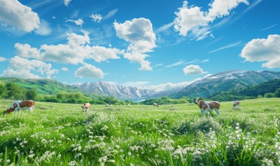 Wall Mural - Lush meadows with cows grazing peacefully under a clear blue sky