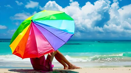 Wall Mural - Relaxing by the turquoise waves, an individual enjoys the warmth of the sun under a vibrant umbrella, surrounded by bright clouds