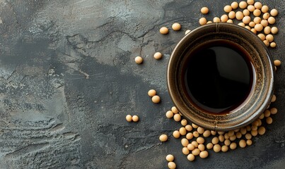 Wall Mural - Japanese soy sauce and uncooked soybeans in a copy space image