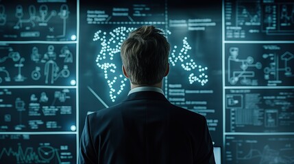 Poster - A business professional stands in front of digital displays, analyzing complex data visualizations late in the evening in a contemporary office setting