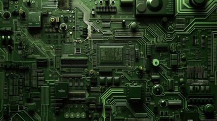 Poster - Close-up of a green circuit board showcasing intricate electronic components and pathways, emphasizing modern technology's design and functionality in electronics manufacturing