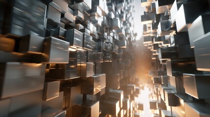 Poster - A dynamic array of reflective metallic cubes fills the space, illuminated by warm light, creating a captivating abstract digital landscape