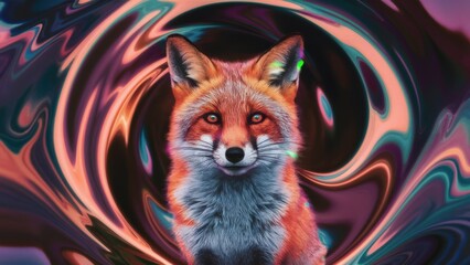 Sticker - A fox is shown in a psychedelic swirl of colors, AI