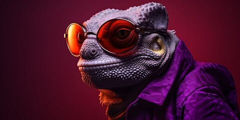 chameleon wearing sunglasses on a solid color background, Cool chameleon wearing sunglasses