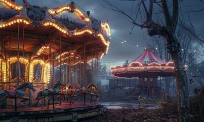 Wall Mural - Abandoned carnival at dusk, carousel horses frozen mid-gallop. Whispering winds carry faint echoes of laughter, a haunting scene of forgotten joy