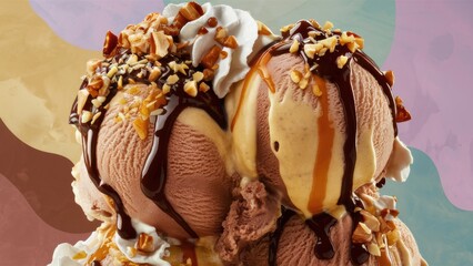 Wall Mural - A close up of a large ice cream sundae with toppings, AI