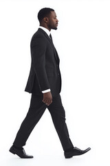 Poster - A man in a suit walks down a white background. The suit is black and the man is wearing a tie