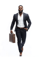 Poster - A man in a suit and tie is walking down a white background with a briefcase in his hand. Concept of professionalism and formality, as the man is dressed in a suit and tie and carrying a briefcase