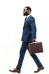 Poster - A man in a suit and tie is walking down a white background with a briefcase in his hand. Concept of professionalism and formality, as the man is dressed in a suit and tie and carrying a briefcase