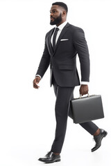 Poster - A man in a suit and tie is walking down a white background with a briefcase in his hand. Concept of professionalism and formality, as the man is dressed in a suit and tie and carrying a briefcase