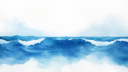 Poster - A painting of the ocean with a blue sky in the background. The waves are crashing against the shore, creating a sense of movement and energy. The overall mood of the painting is calm and peaceful