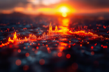Poster - Discover and delve into an artistic stock chart that beautifully illustrates the dynamic trends of the financial market at sunset