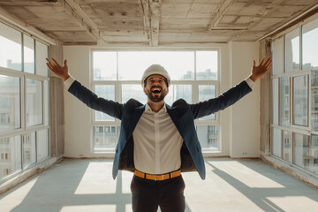Poster - A man in a blue suit and white shirt is standing in a large empty room with a big smile on his face