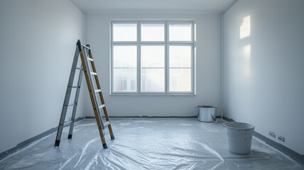 Poster - A white room with a ladder leaning against the wall and two buckets. The room is empty and has a clean, minimalist feel
