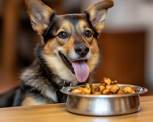 Delighted Dog Enjoying a Hearty Meal, Delighted Satisfied dog enjoying a hearty dry meal