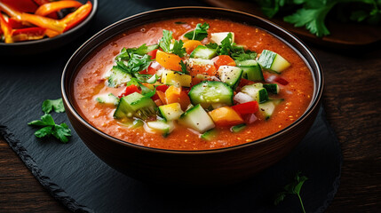 Sticker - Traditional Spanish food Gazpacho featuring a cold tomato-based soup with diced cucumbers, bell peppers, and onions. Garnished with fresh parsley or cilantro.