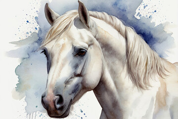 Wall Mural - Watercolor portrait of a white horse with a mane on a white background