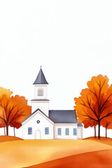 Poster - A serene rural church surrounded by vibrant autumn foliage, ideal for autumn-themed holiday or Thanksgiving content