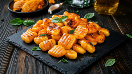 Poster - Traditional Italian food Gnocchi alla Romana, featuring a presentation of golden-brown, grilled gnocchi pieces garnished with fresh basil leaves on a black slate plate.