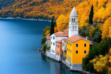 Sticker - Scenic autumn view of colorful houses and a church tower on the shore of a tranquil lake in Slovenia