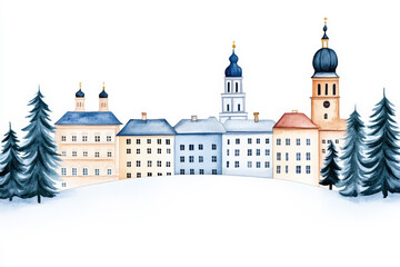 Sticker - Watercolor illustration of a snowy European village with church towers and evergreen trees, perfect for Christmas and holiday themes