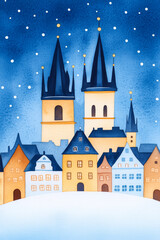 Sticker - Watercolor painting of a European town with snow-covered rooftops and Christmas decorations under a starry winter sky